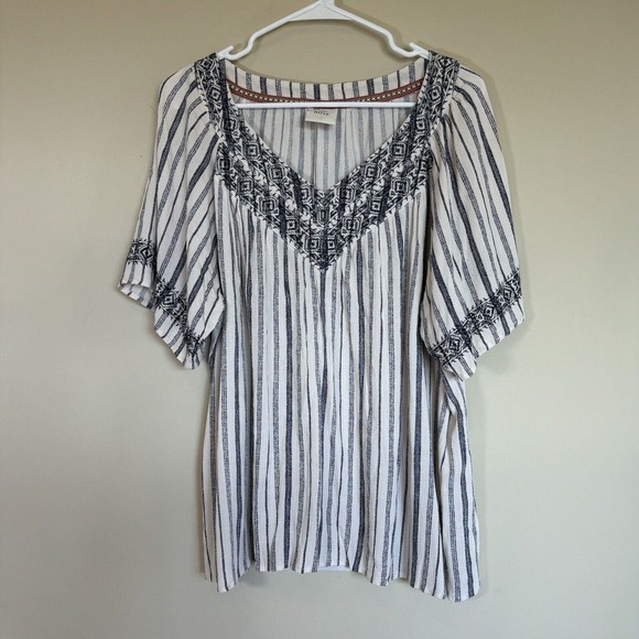 Knox Rose Tops - Knox Rose Blouse Womens XL Top Striped Short Sleeve White Blue V Neck